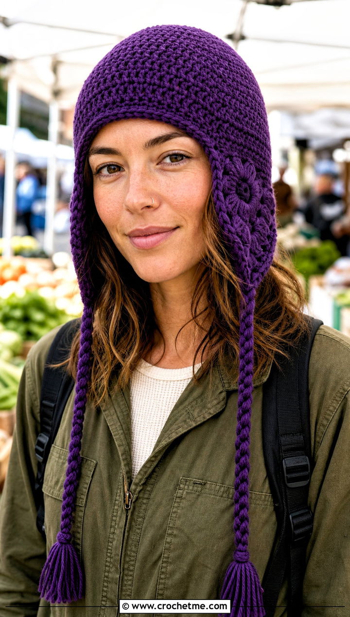 Purple Earflap Crochet Beanie With Utility Jumpsuit - 30 purple crochet beanie outfit ideas