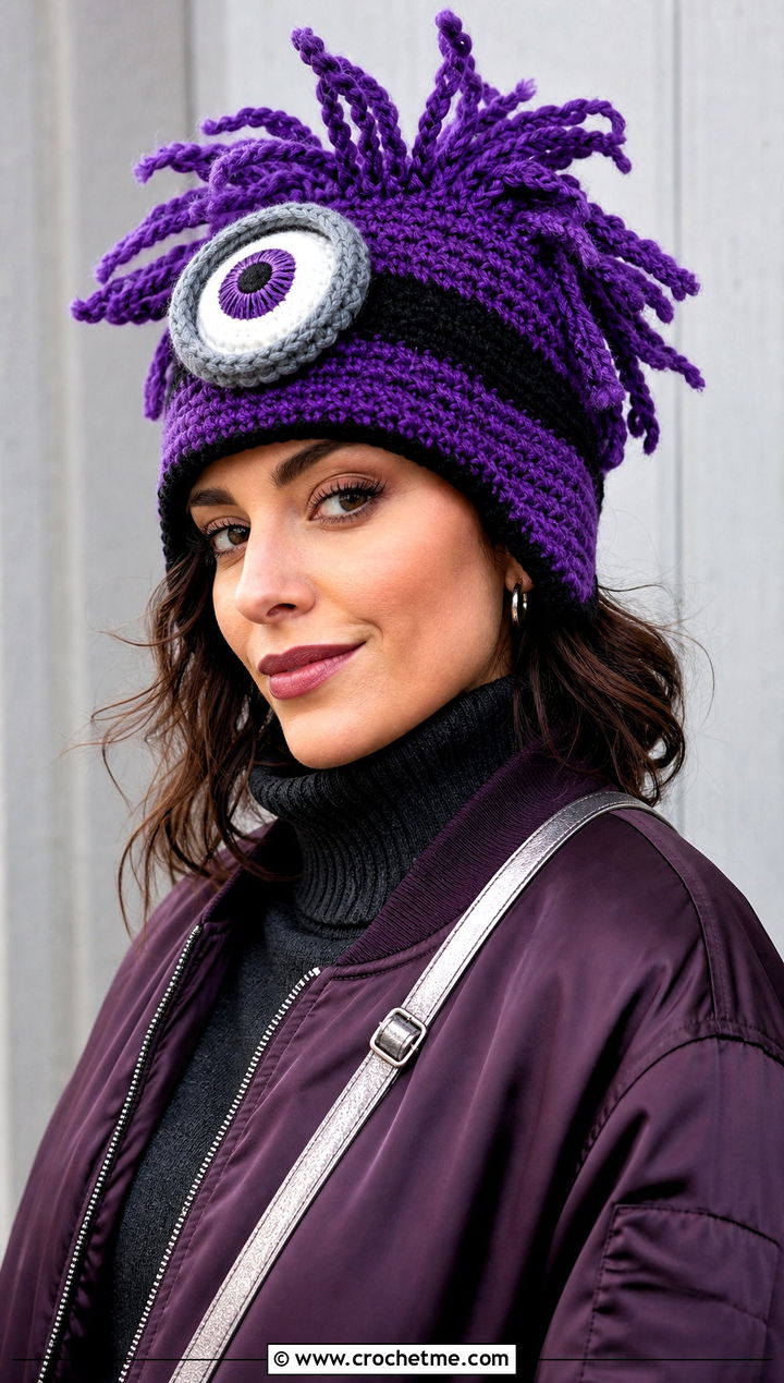 Purple Evil Minion Crochet Hat With Monochrome Outfit - 15 Minion Crochet Hat outfit ideas