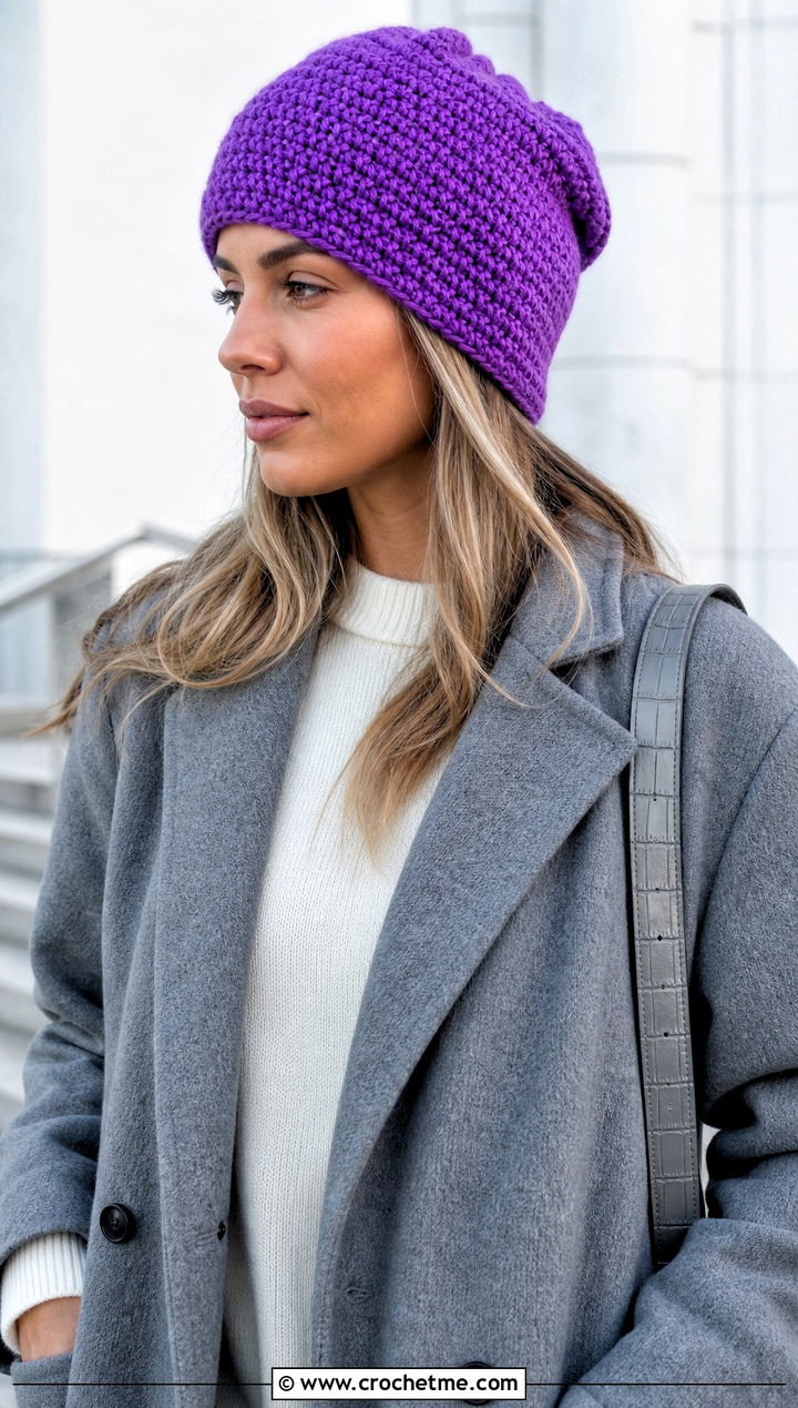 Purple Faux Knit Crochet Beanie With Minimalist Coat - 30 purple crochet beanie outfit ideas