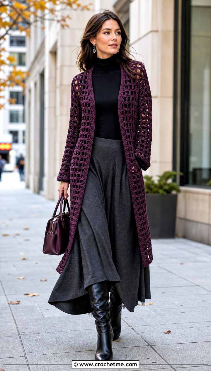 Purple Filet Crochet Cardigan With Turtleneck And Maxi Skirt - 15 purple crochet cardigan on hanger outfit ideas