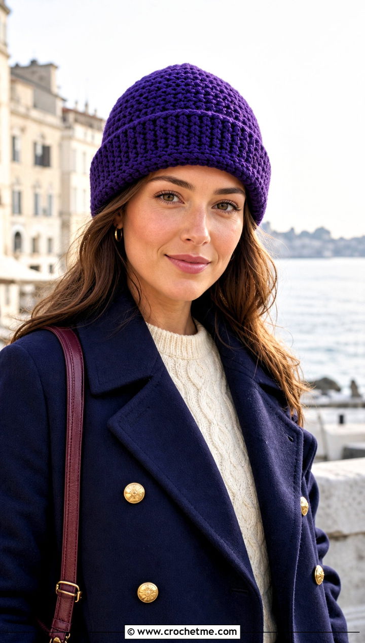 Purple Fisherman Crochet Beanie With Peacoat - 30 purple crochet beanie outfit ideas