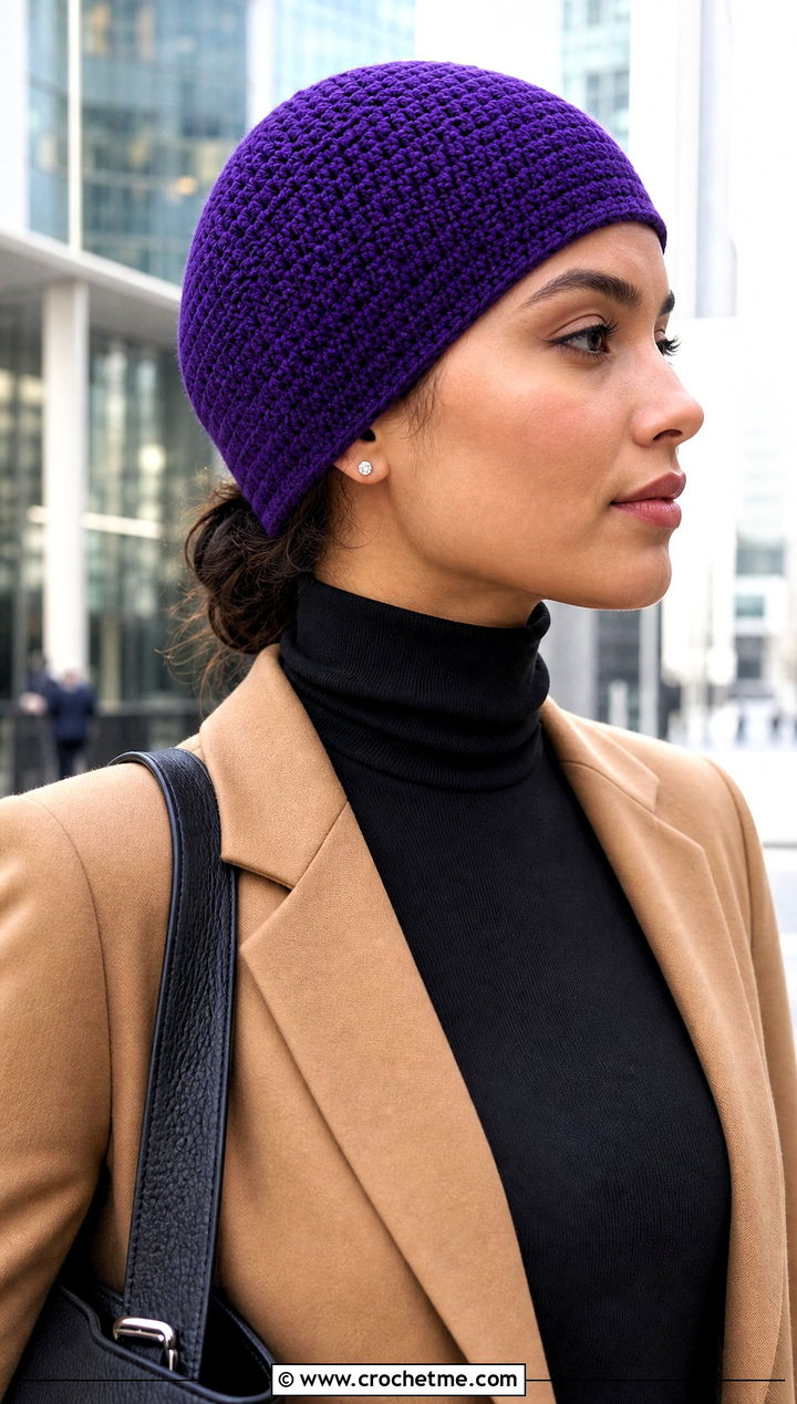 Purple Fitted Skullcap Crochet Beanie With Office Outfit - 30 purple crochet beanie outfit ideas