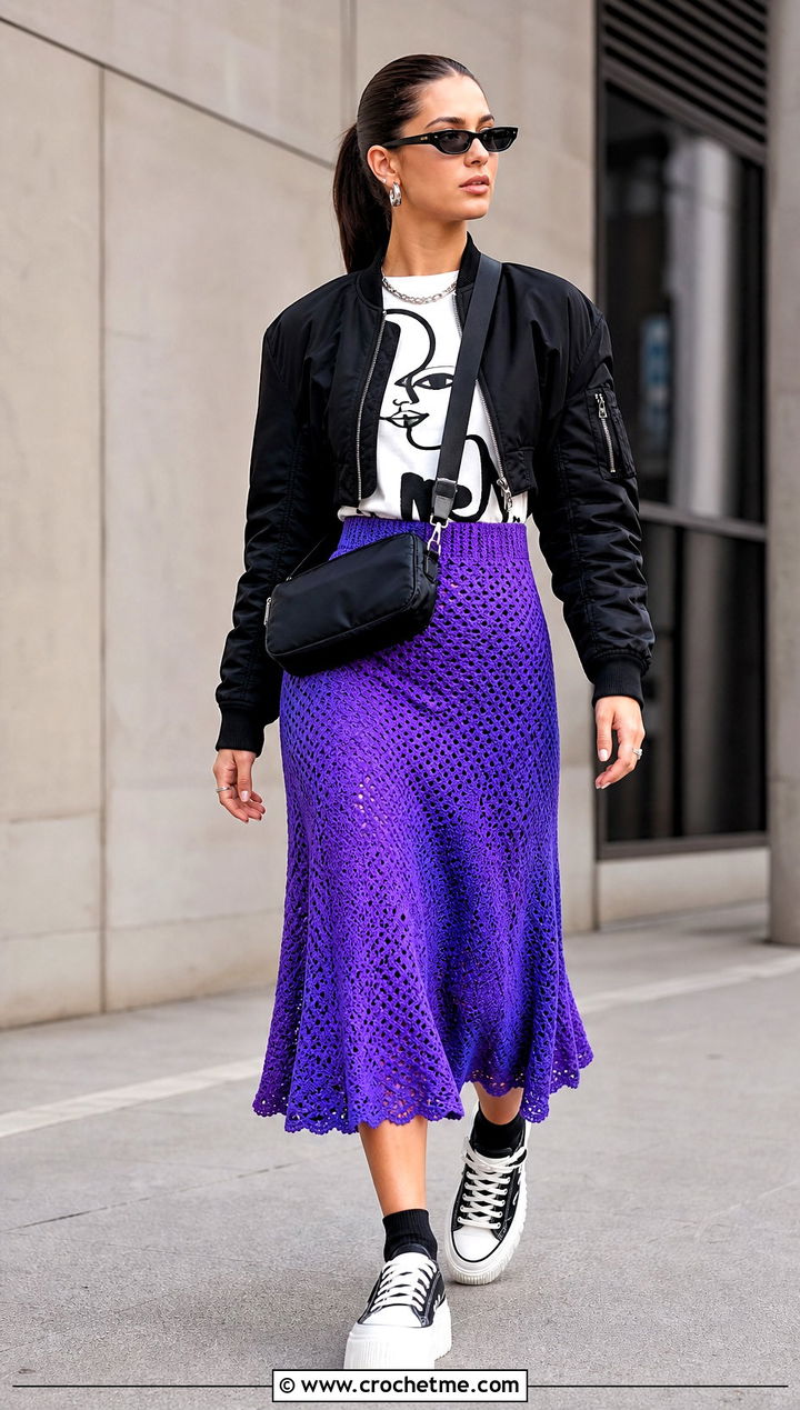 Purple Flared Crochet Skirt With Graphic T Shirt - 30 purple crochet skirt outfit ideas