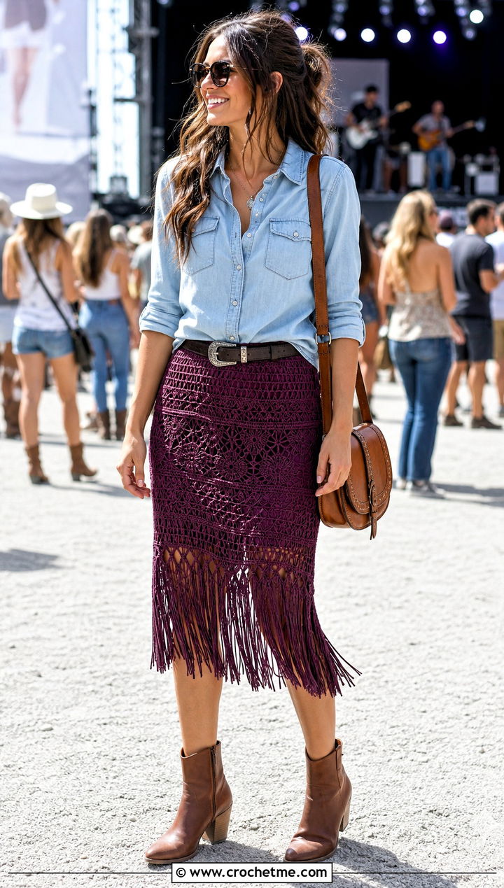 Purple Fringe Crochet Skirt With Western Shirt - 30 purple crochet skirt outfit ideas