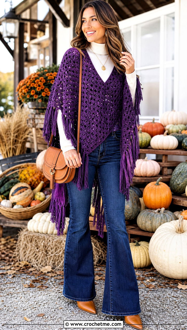 Purple Fringed Crocheted Poncho With Flared Jeans - 15 Purple Crocheted Poncho outfit ideas