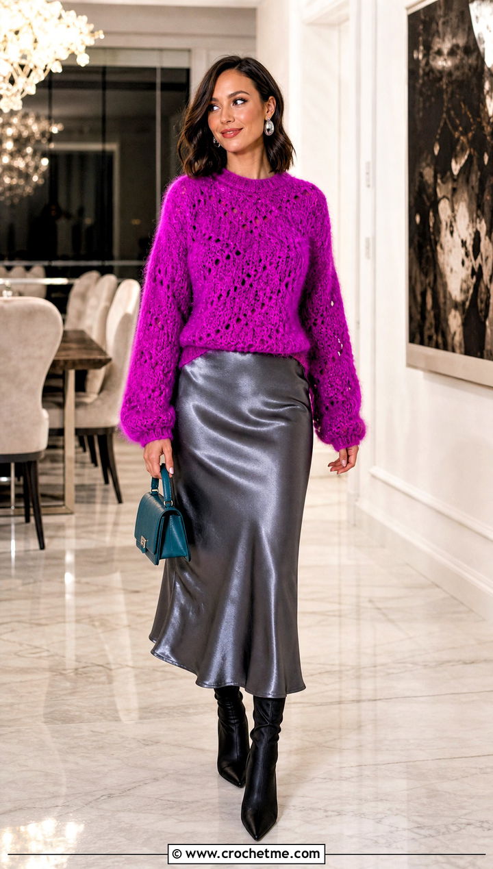 Purple Fuzzy Crochet Sweater With Metallic Midi Skirt - 30 Crochet Purple Sweater outfit ideas