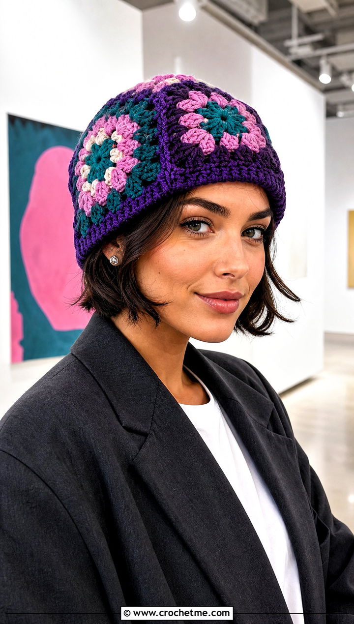 Purple Granny Square Crochet Beanie With Blazer And Trousers - 30 purple crochet beanie outfit ideas