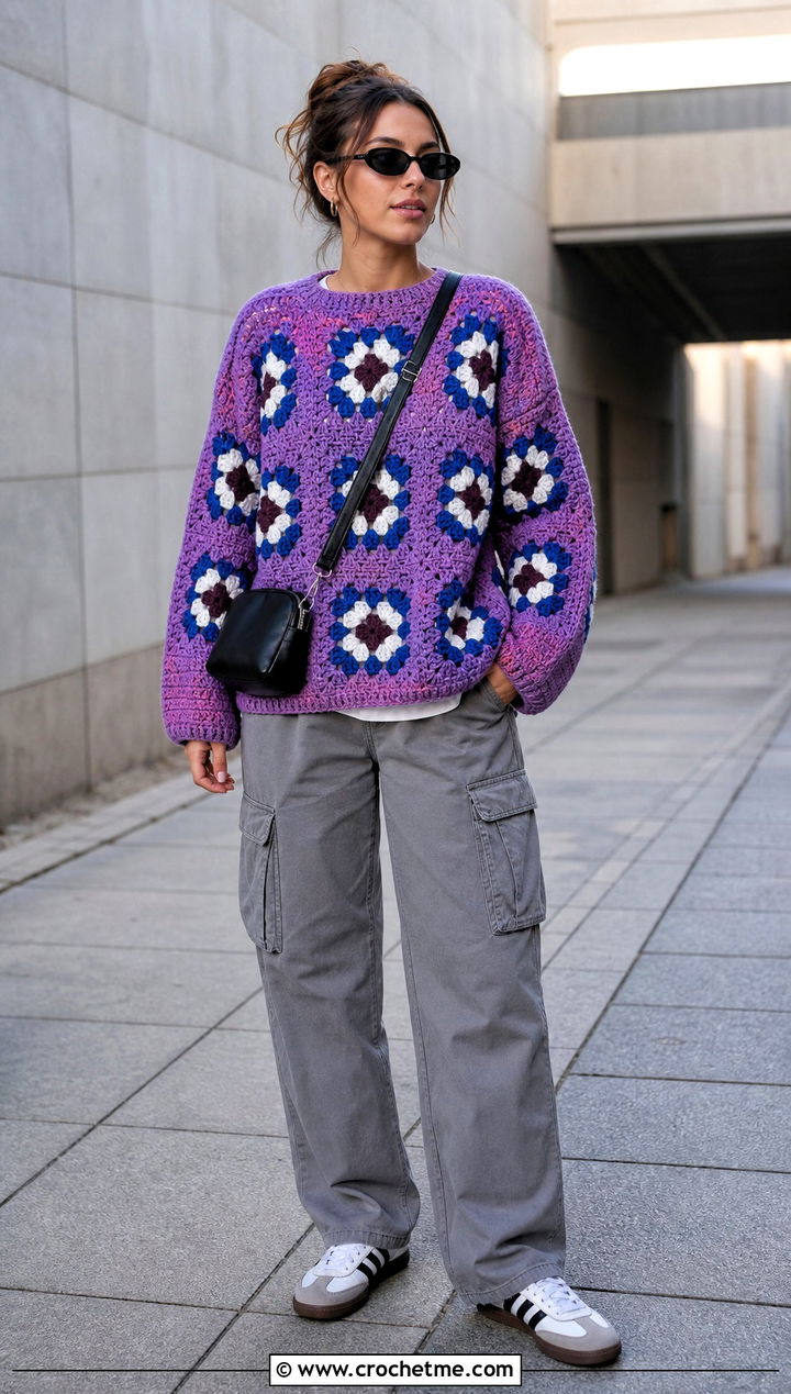 Purple Granny Square Crochet Sweater With Cargo Pants - 15 Purple Crochet Sweater outfit ideas