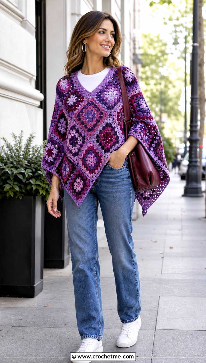Purple Granny Square Crocheted Poncho With Straight Leg Jeans - 15 Purple Crocheted Poncho outfit ideas