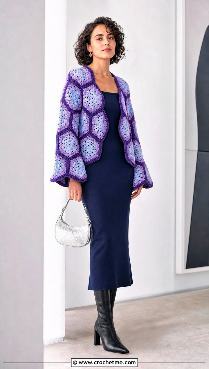 Purple Hexagon Crochet Cardigan Sweater With Column Dress - 30 Crochet Purple Sweater outfit ideas