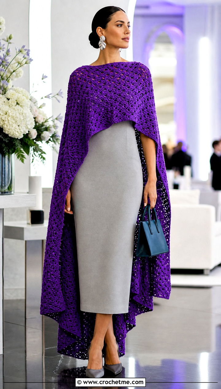Purple High Low Crocheted Poncho With Column Dress - 15 Purple Crocheted Poncho outfit ideas