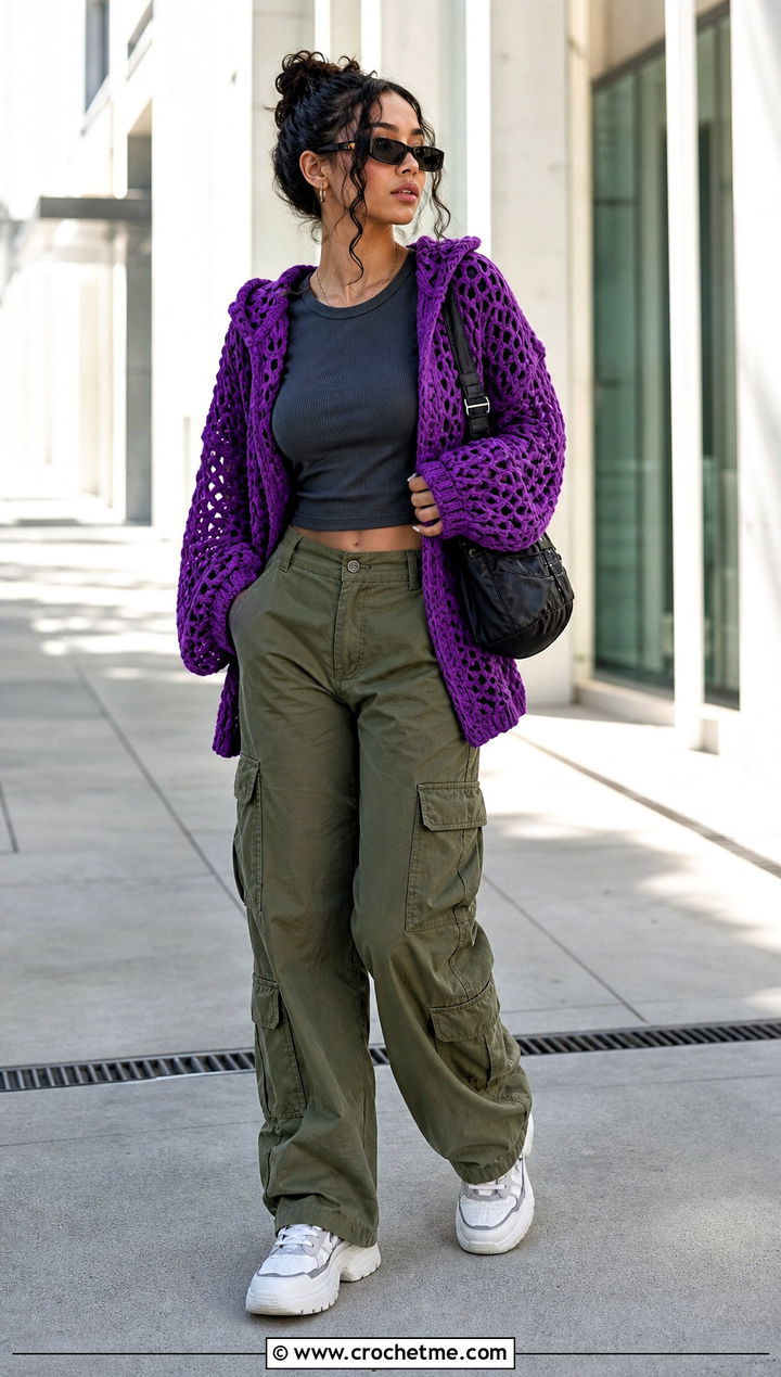 Purple Hooded Crochet Cardigan With Cargo Pants - 15 purple crochet cardigan on hanger outfit ideas