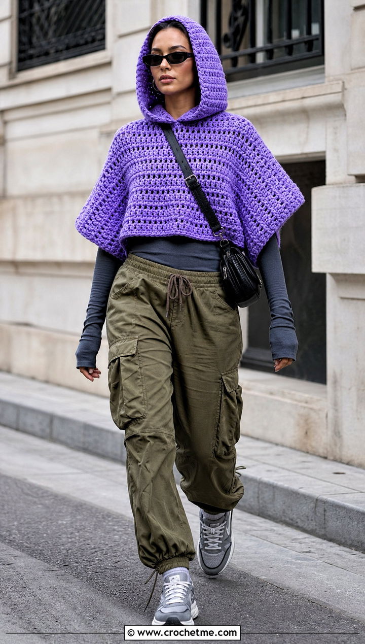 Purple Hooded Crocheted Poncho With Cargo Pants - 15 Purple Crocheted Poncho outfit ideas