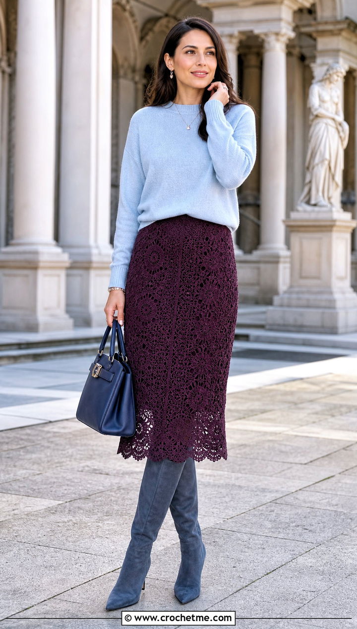 Purple Lace Crochet Skirt With Cashmere Sweater - 30 purple crochet skirt outfit ideas