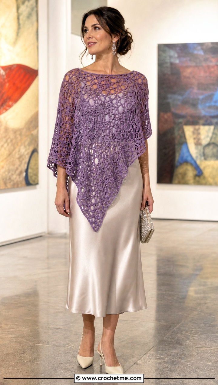 Purple Lace Crocheted Poncho With Satin Midi Skirt - 15 Purple Crocheted Poncho outfit ideas