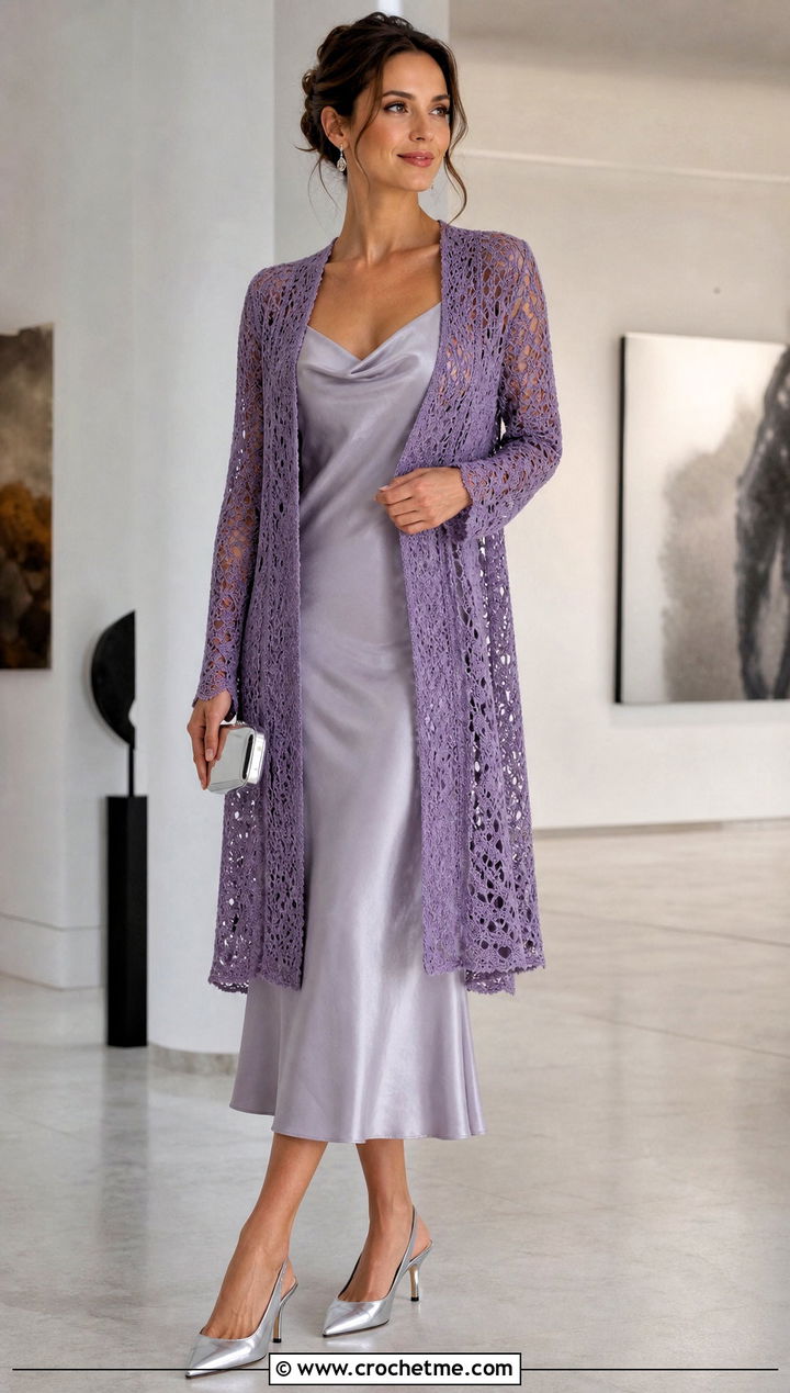 Purple Lace Mesh Crochet Cardigan With Satin Slip Dress - 15 purple crochet cardigan on hanger outfit ideas