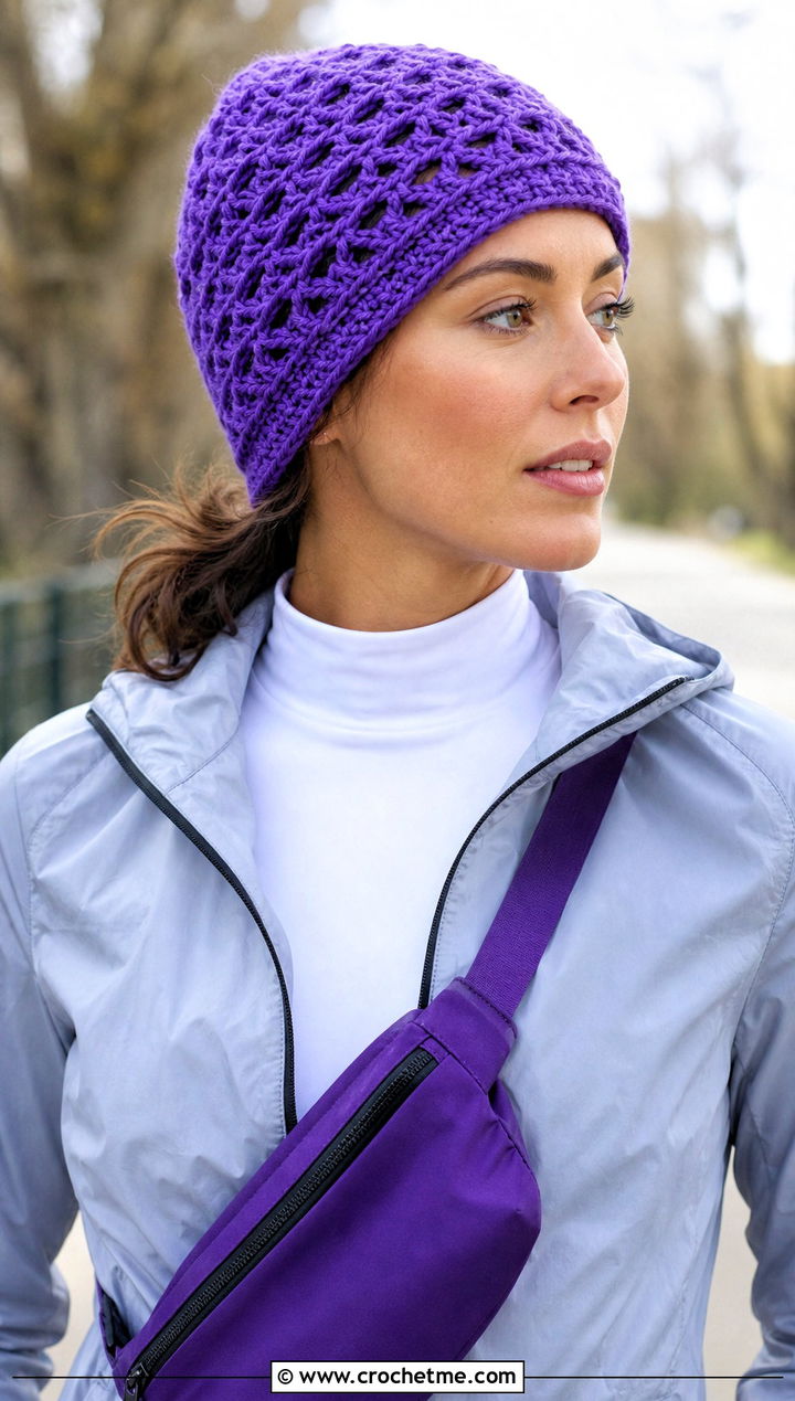Purple Lace Stitch Crochet Beanie With Windbreaker - 30 purple crochet beanie outfit ideas