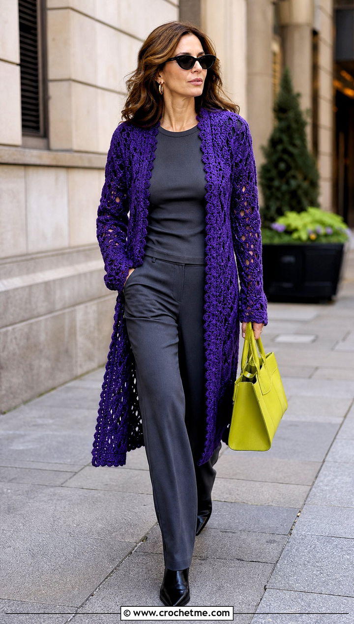Purple Longline Open Front Crochet Sweater With Monochrome Outfit - 30 Crochet Purple Sweater outfit ideas