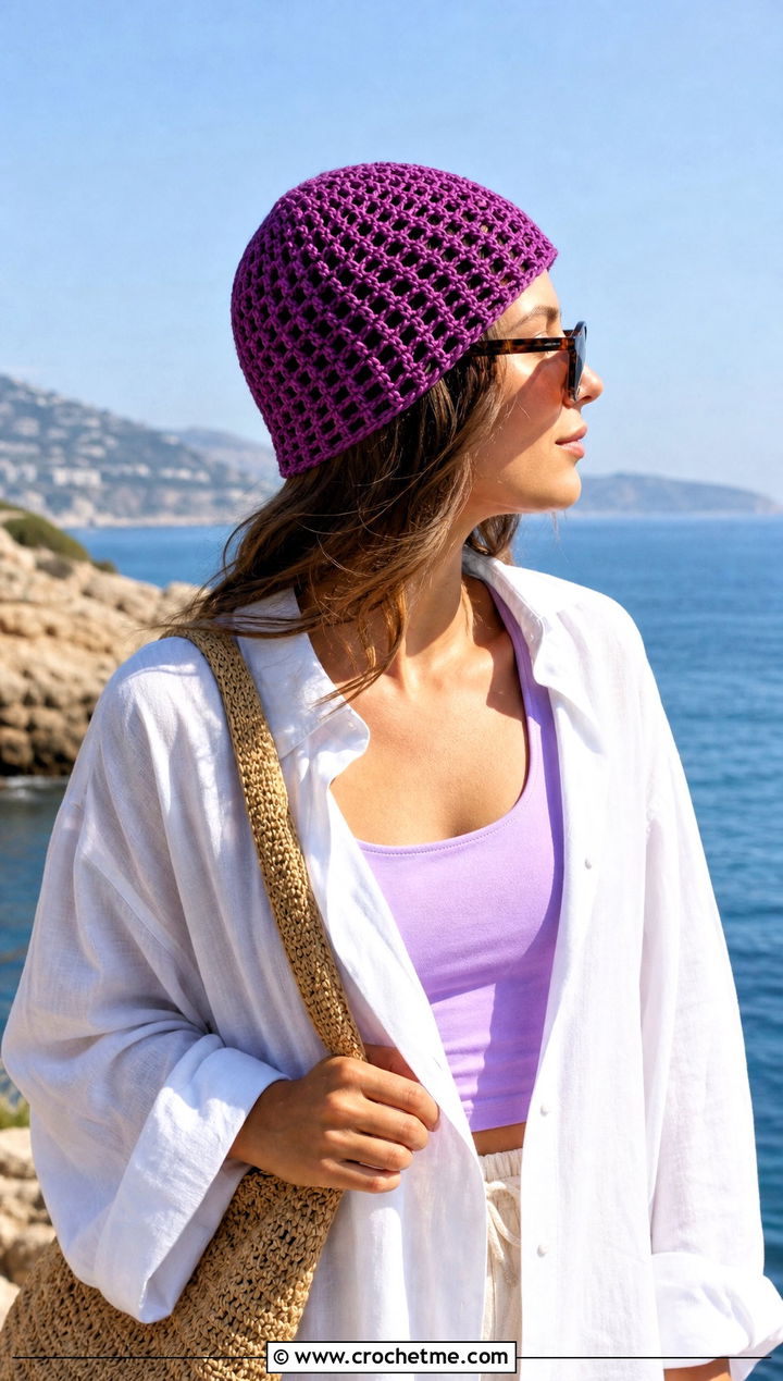Purple Mesh Crochet Beanie With Linen Shirt And Shorts - 30 purple crochet beanie outfit ideas