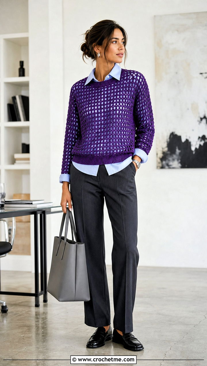 Purple Mesh Crochet Sweater With Tailored Trousers - 15 Purple Crochet Sweater outfit ideas