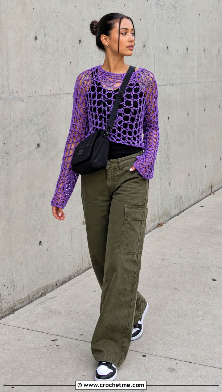 Purple Mesh Long Sleeve Crochet Top With Cargo Pants - 15 purple crochet top design outfit ideas