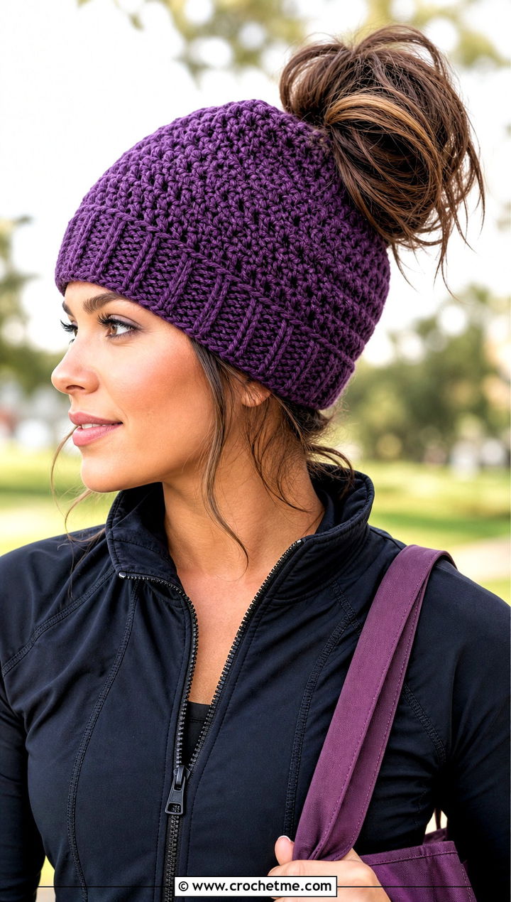 Purple Messy Bun Crochet Beanie With Matching Activewear - 30 purple crochet beanie outfit ideas