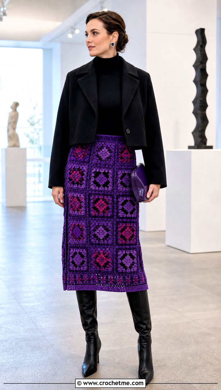 Purple Mosaic Crochet Skirt With Monochrome Black Layers - 30 purple crochet skirt outfit ideas