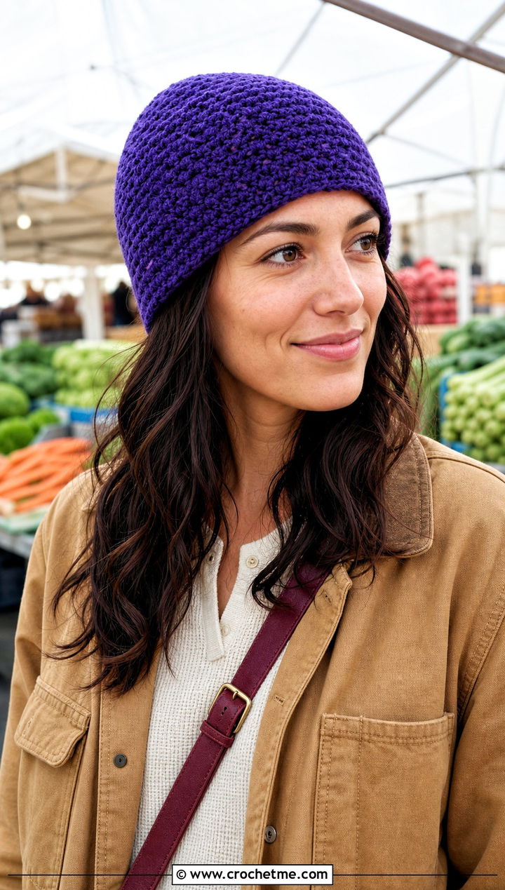Purple Moss Stitch Crochet Beanie With Chore Jacket - 30 purple crochet beanie outfit ideas