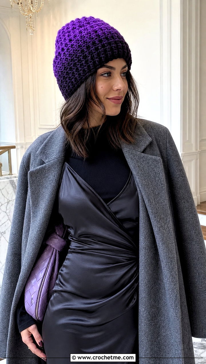 Purple Ombre Crochet Beanie With Slip Dress And Boots - 30 purple crochet beanie outfit ideas
