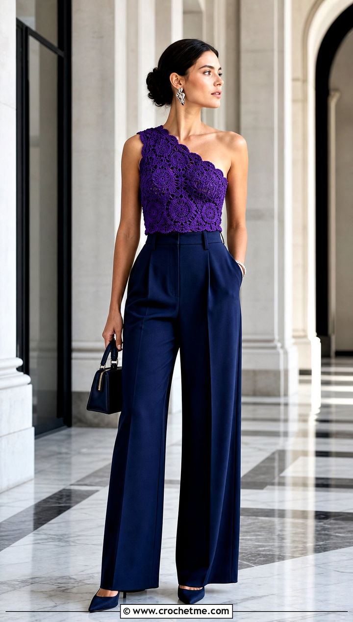 Purple One Shoulder Crochet Top With Suit Pants - 15 purple crochet top design outfit ideas
