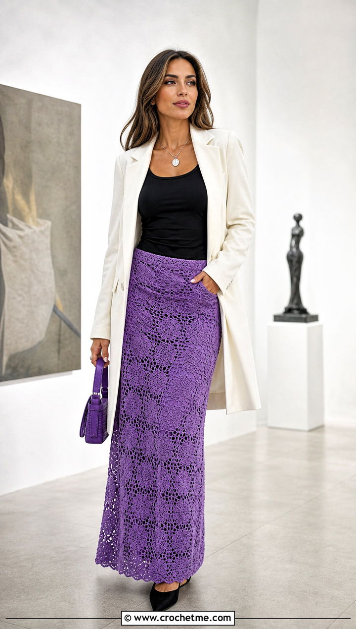 Purple Openwork Crochet Skirt With Long Blazer - 30 purple crochet skirt outfit ideas