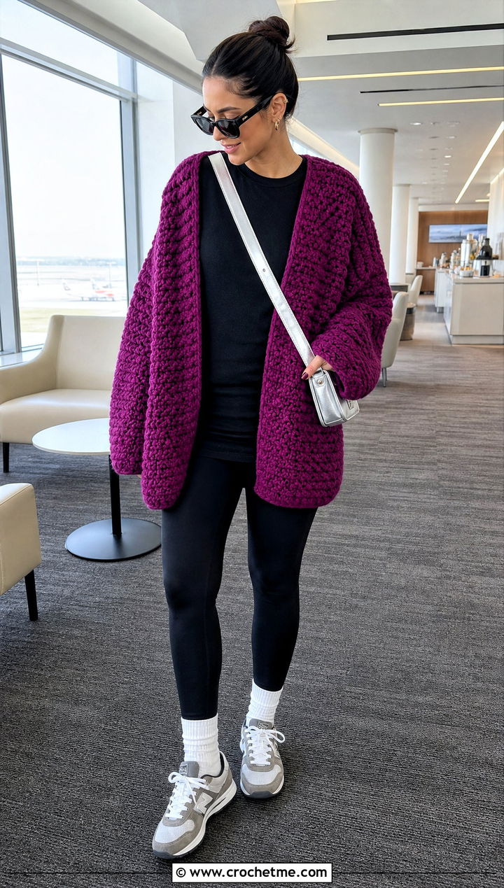 Purple Oversized Chunky Crochet Cardigan With Leggings - 15 purple crochet cardigan on hanger outfit ideas