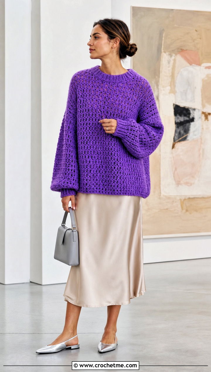 Purple Oversized Granny Stitch Crochet Sweater With Satin Skirt - 30 Crochet Purple Sweater outfit ideas