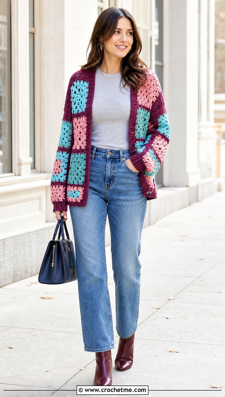 Purple Patchwork Crochet Cardigan Sweater With Straight Jeans - 30 Crochet Purple Sweater outfit ideas