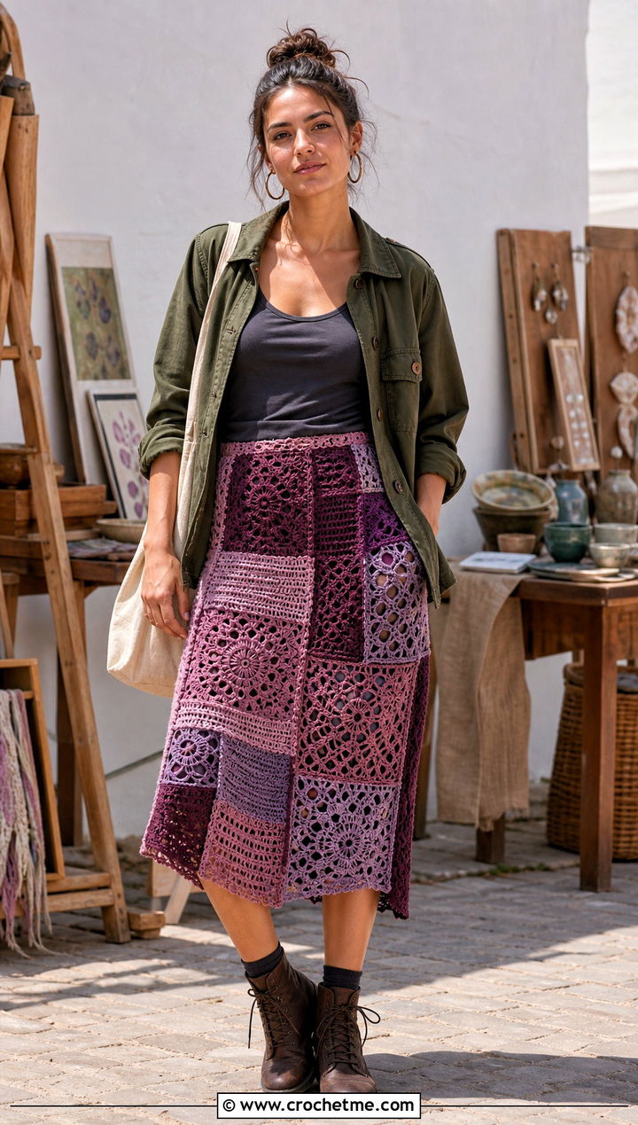 Purple Patchwork Crochet Skirt With Utility Jacket - 30 purple crochet skirt outfit ideas