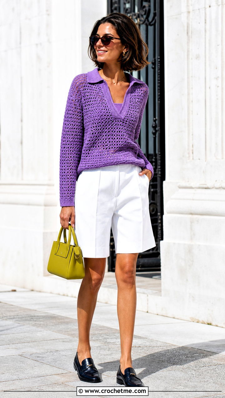 Purple Polo Collar Crochet Sweater With Bermuda Shorts - 30 Crochet Purple Sweater outfit ideas