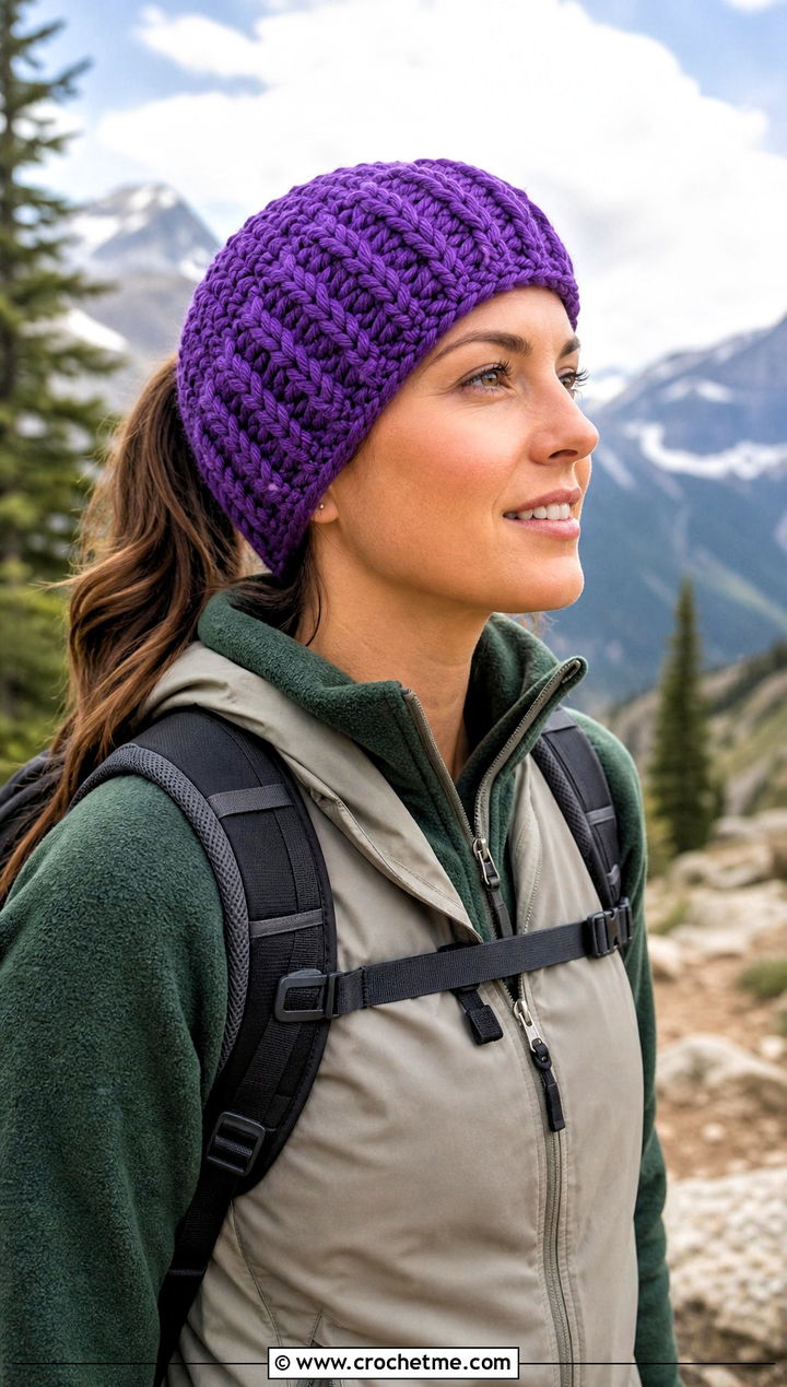 Purple Ponytail Crochet Beanie With Hiking Outfit - 30 purple crochet beanie outfit ideas