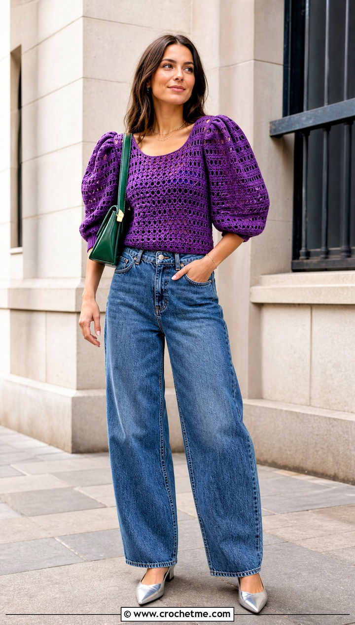 Purple Puff Sleeve Crochet Sweater With Barrel Jeans - 30 Crochet Purple Sweater outfit ideas