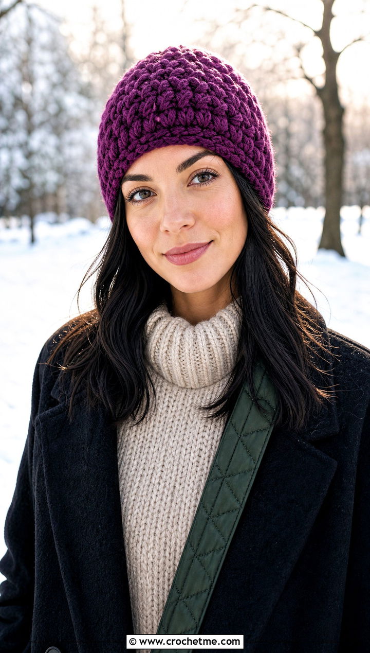 Purple Puff Stitch Crochet Beanie With Sweater And Leggings - 30 purple crochet beanie outfit ideas