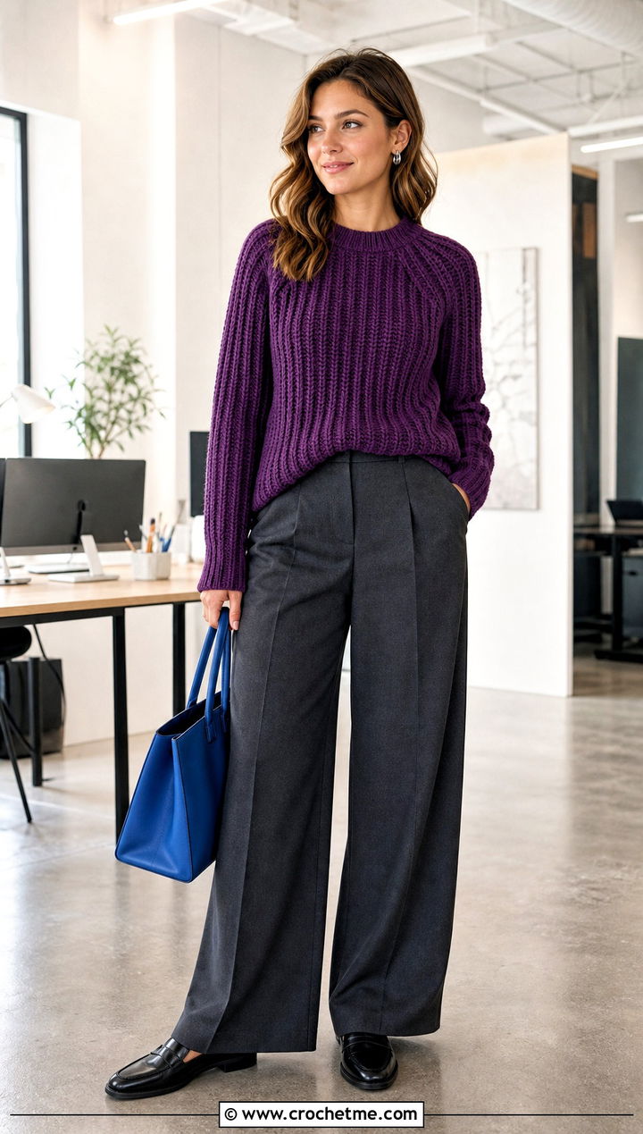 Purple Ribbed Crewneck Crochet Sweater With Tailored Trousers - 30 Crochet Purple Sweater outfit ideas