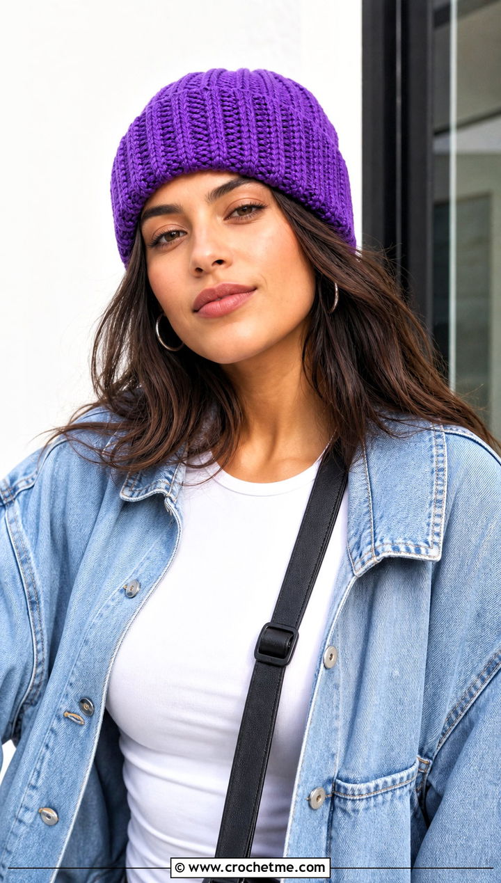 Purple Ribbed Cuffed Crochet Beanie With Denim Jacket - 30 purple crochet beanie outfit ideas
