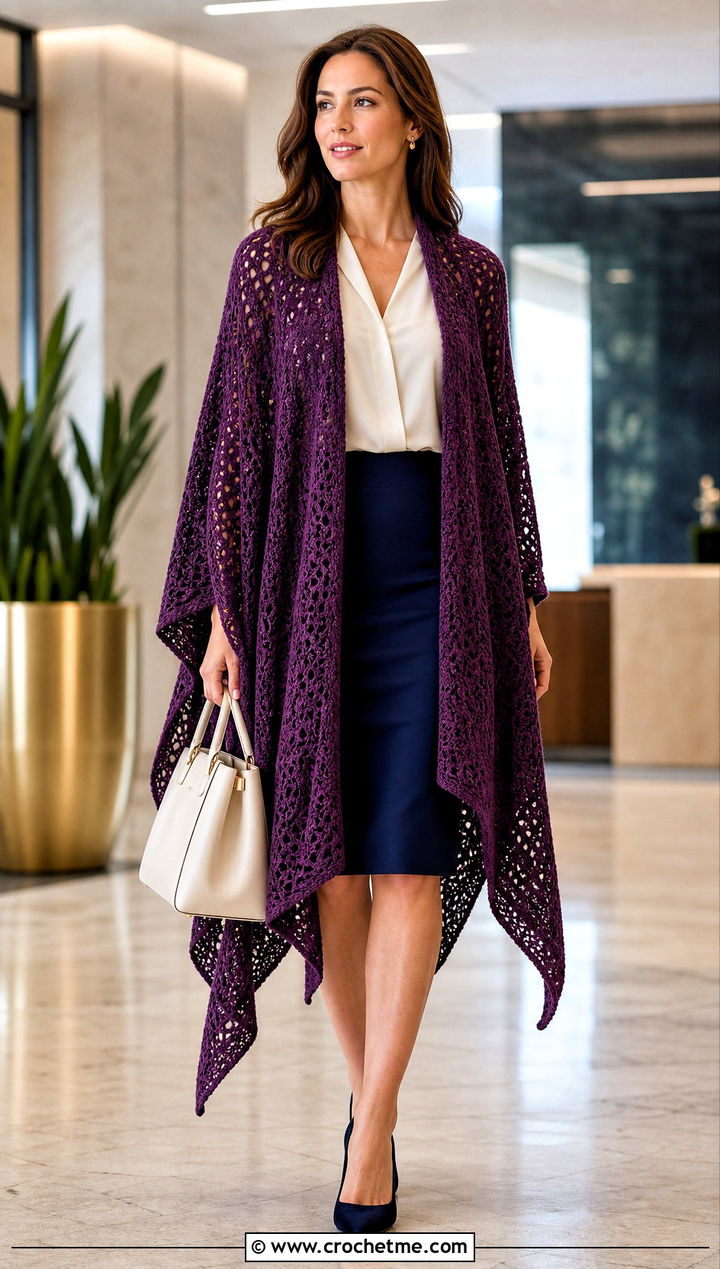 Purple Ruana Crocheted Poncho With Pencil Skirt - 15 Purple Crocheted Poncho outfit ideas