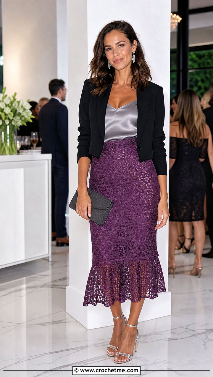 Purple Ruffle Hem Crochet Skirt With Satin Camisole - 30 purple crochet skirt outfit ideas