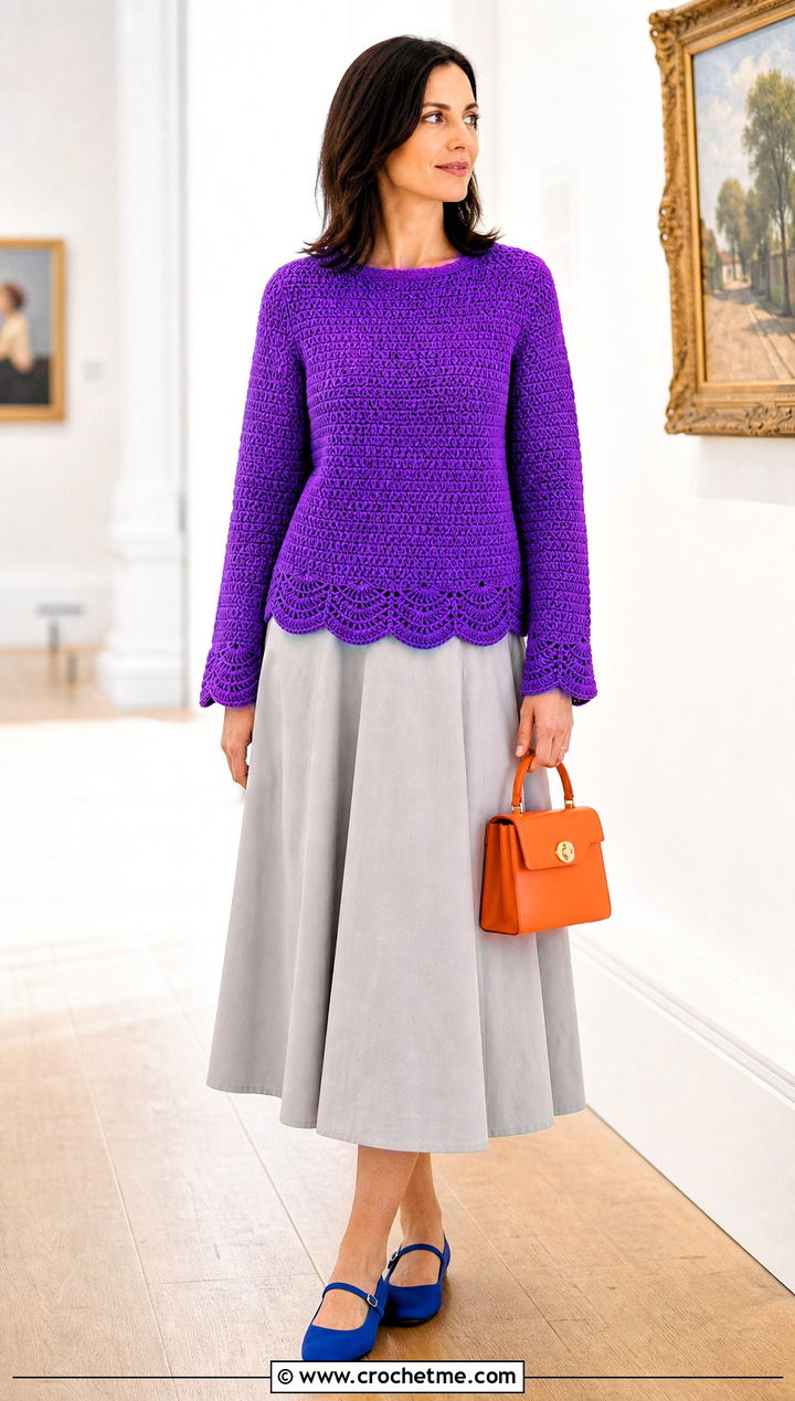 Purple Scallop Edge Crochet Sweater With A Line Skirt - 30 Crochet Purple Sweater outfit ideas