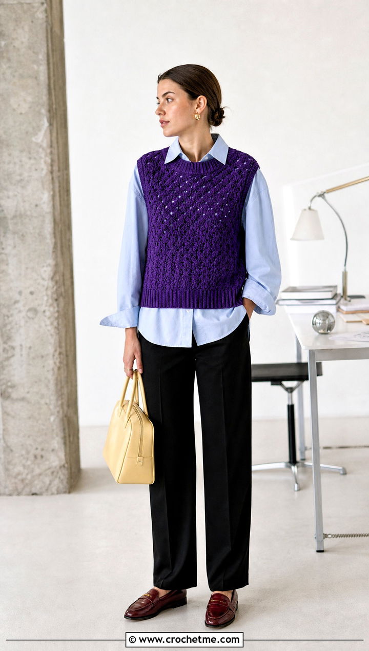 Purple Sleeveless Crochet Sweater Vest With Poplin Shirt - 30 Crochet Purple Sweater outfit ideas