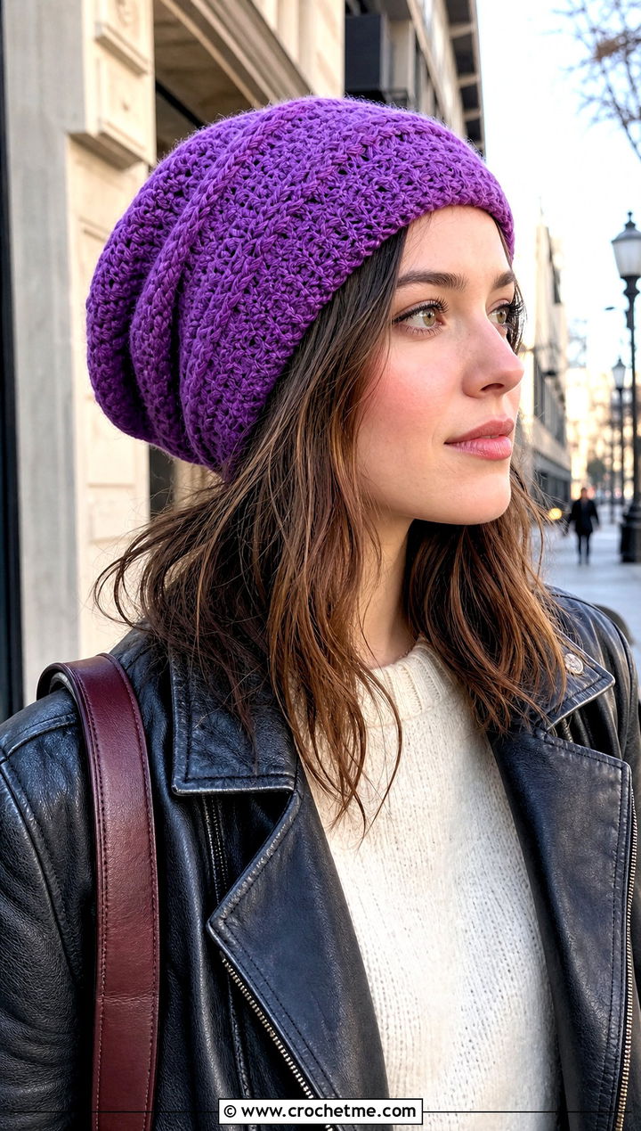 Purple Slouchy Crochet Beanie With Leather Jacket - 30 purple crochet beanie outfit ideas