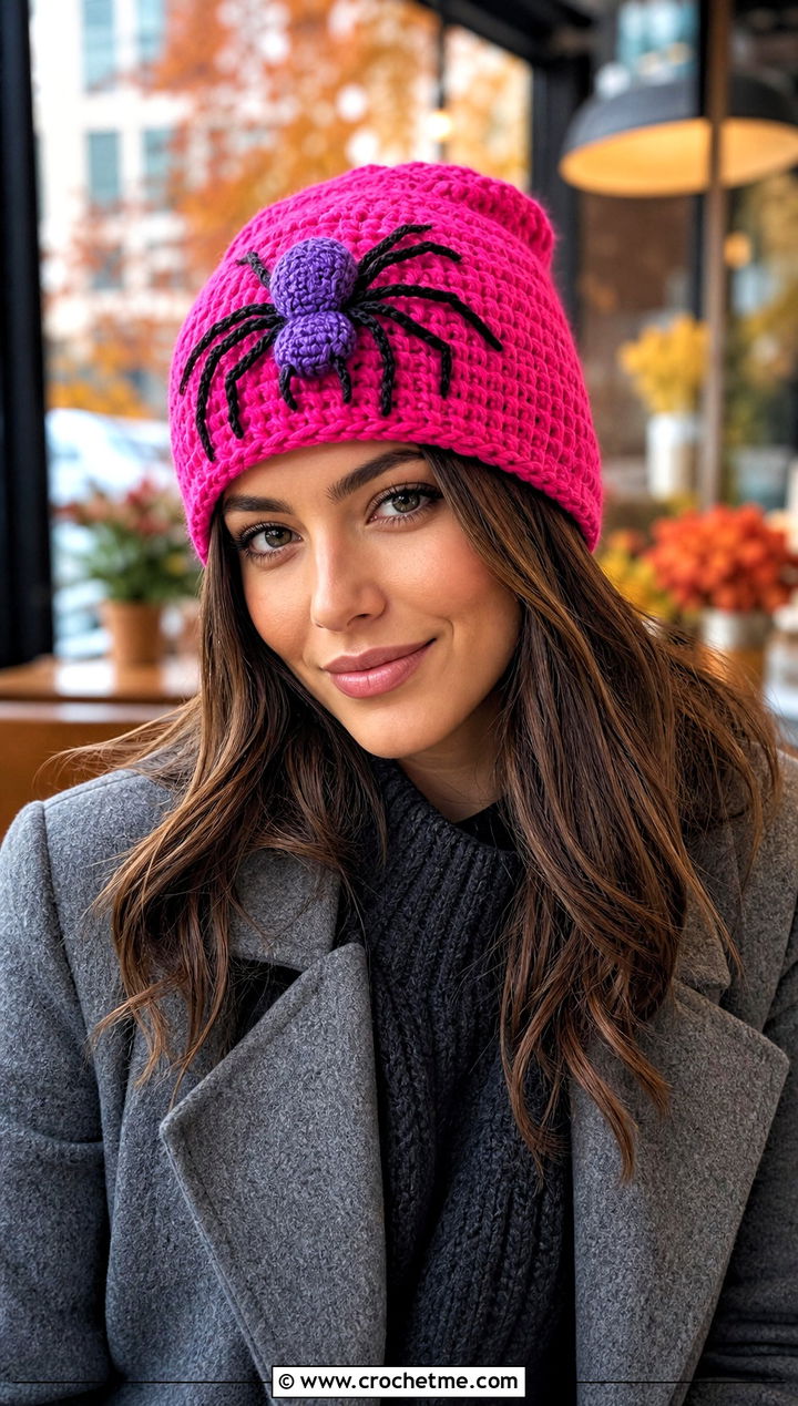 Purple Spider Beanie With Sweater Dress - 25 Halloween Crochet Beanies outfit ideas