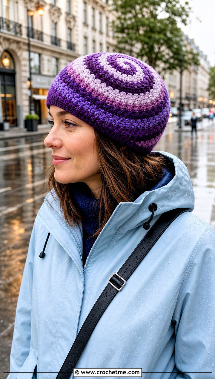 Purple Spiral Crochet Beanie With Raincoat - 30 purple crochet beanie outfit ideas