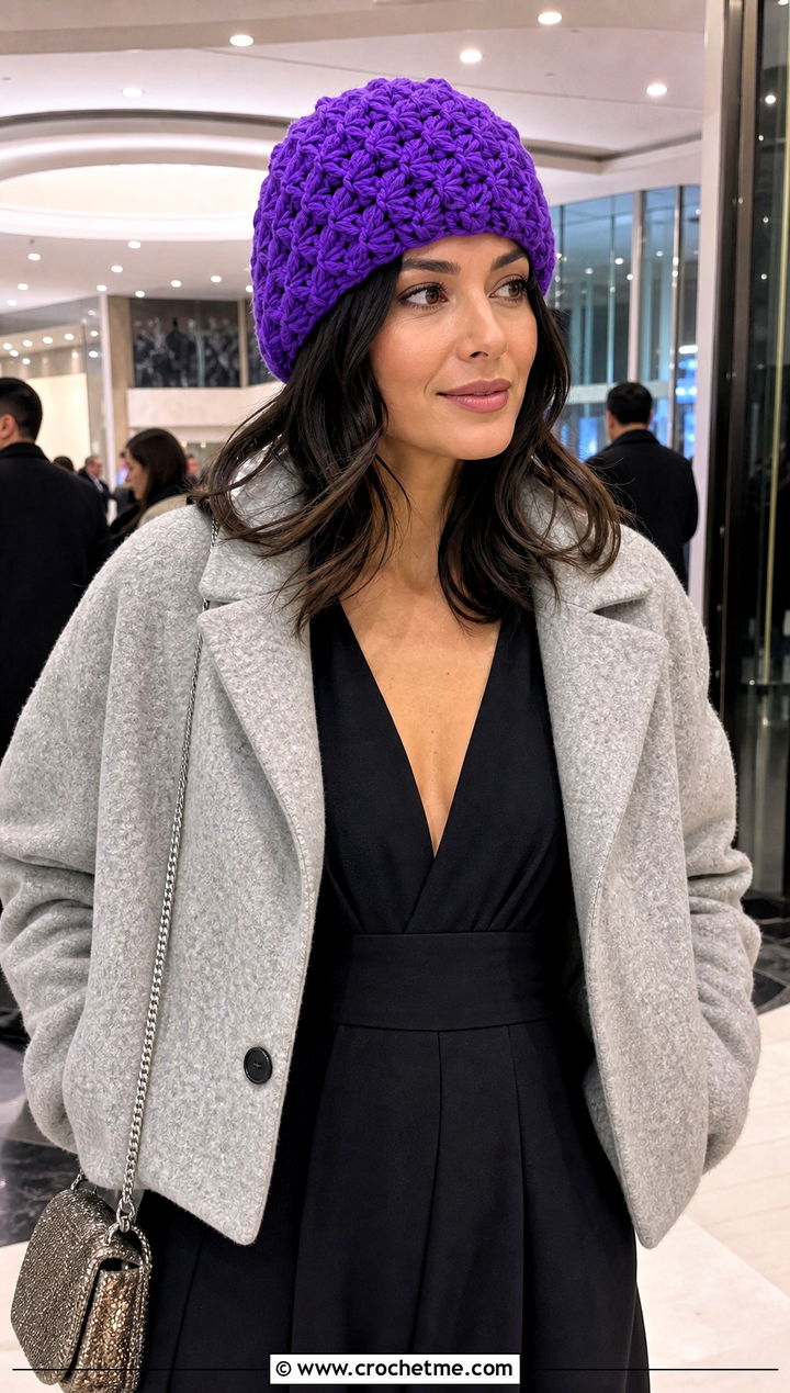 Purple Star Stitch Crochet Beanie With Evening Outfit - 30 purple crochet beanie outfit ideas