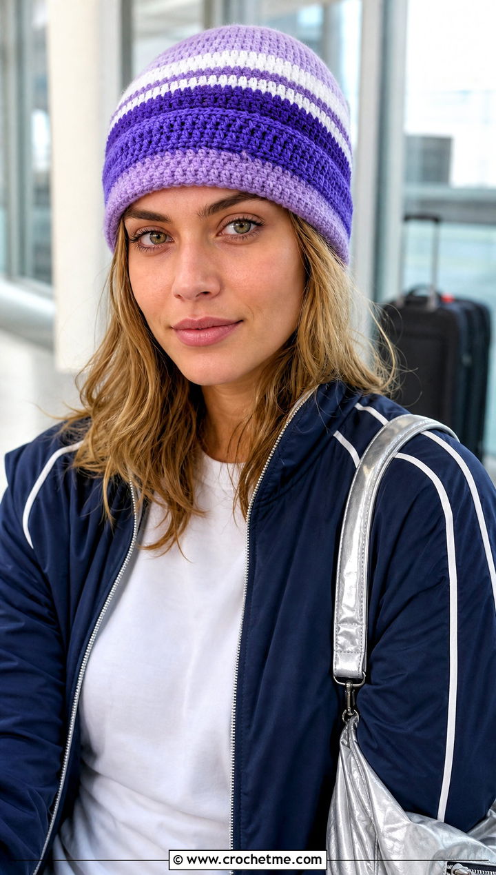 Purple Striped Crochet Beanie With Track Jacket - 30 purple crochet beanie outfit ideas